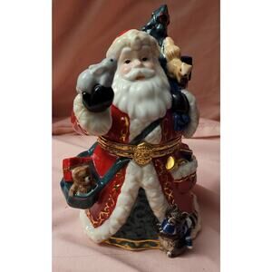 Traditions Porcelain Christmas Santa Tree Toys Hinged Trinket Figurine 6" Box.